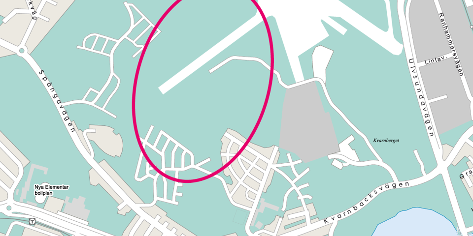 Kartbild där området, mellan Spångavägen, Kvarnbacksvägen och Ulvsundavägen, är markerad med en oval ring. 